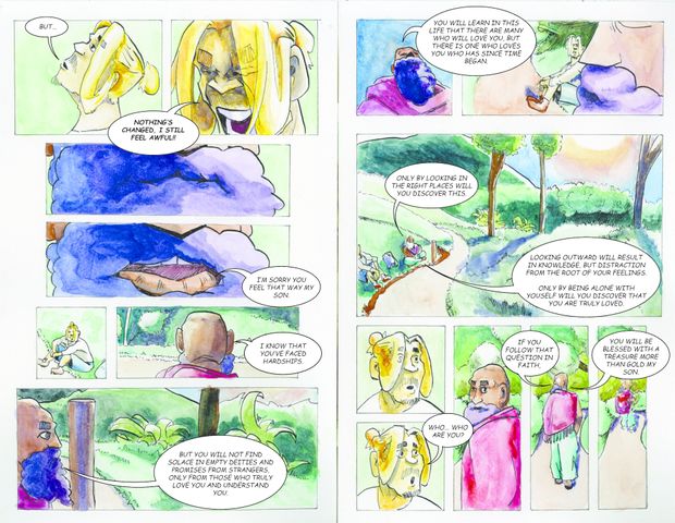 Comic book spread showing young hiker talking to old man about his spiritual path