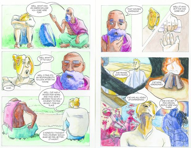 Comic book spread showing old man giving young hiker advice about their spiritual path