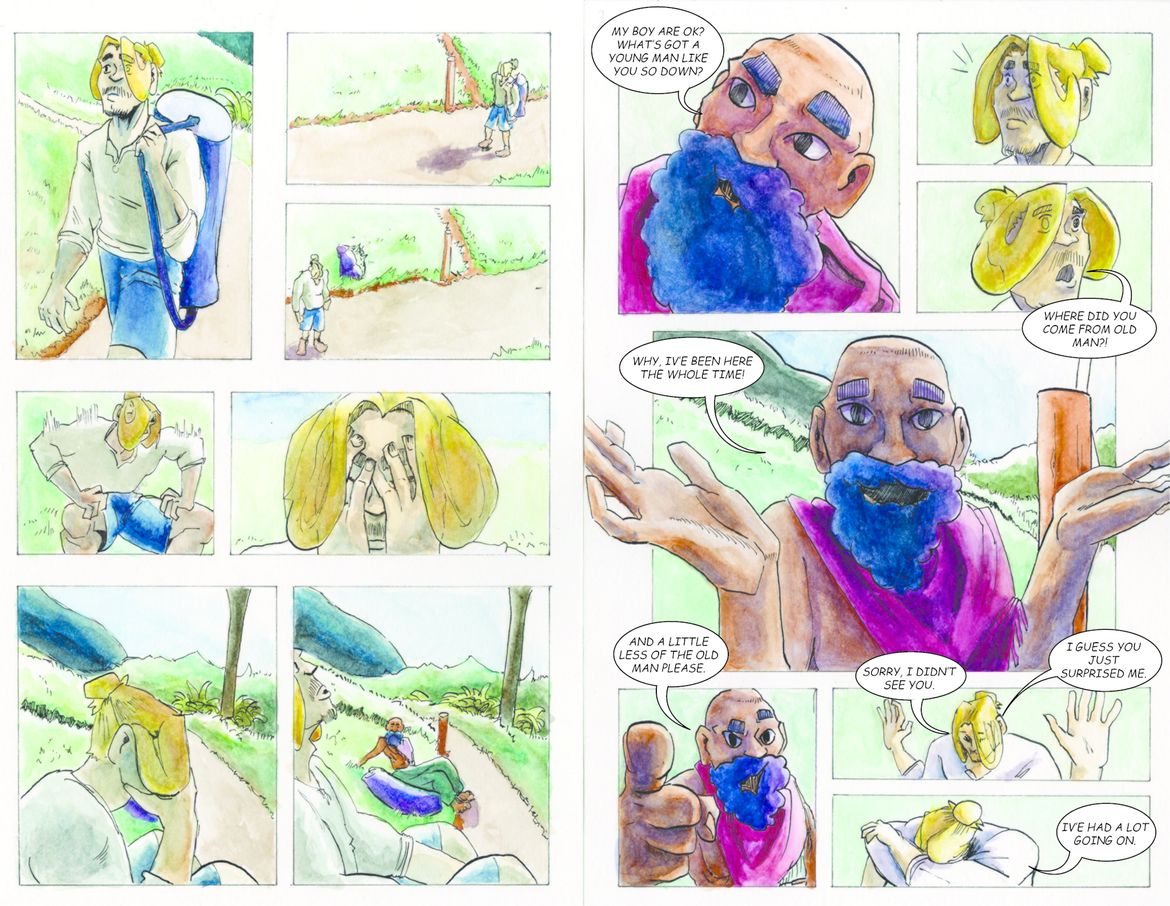 Spread from comic book showing young man hiking, sitting down depressed and old man asking after his welfare