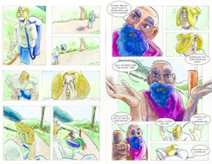 Spread from comic book showing young man hiking, sitting down depressed and old man asking after his welfare