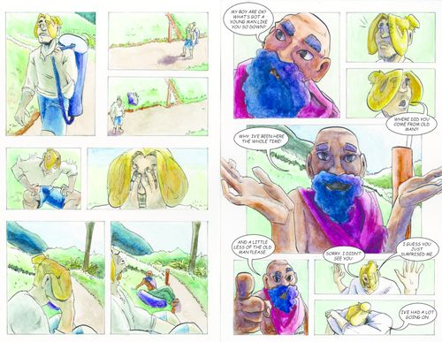 Spread from comic book showing young man hiking, sitting down depressed and old man asking after his welfare