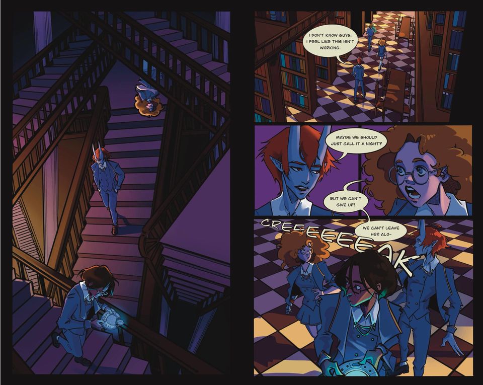 Illustrated page from graphic novel showing two women and man with demon horns walking around inside of mansion