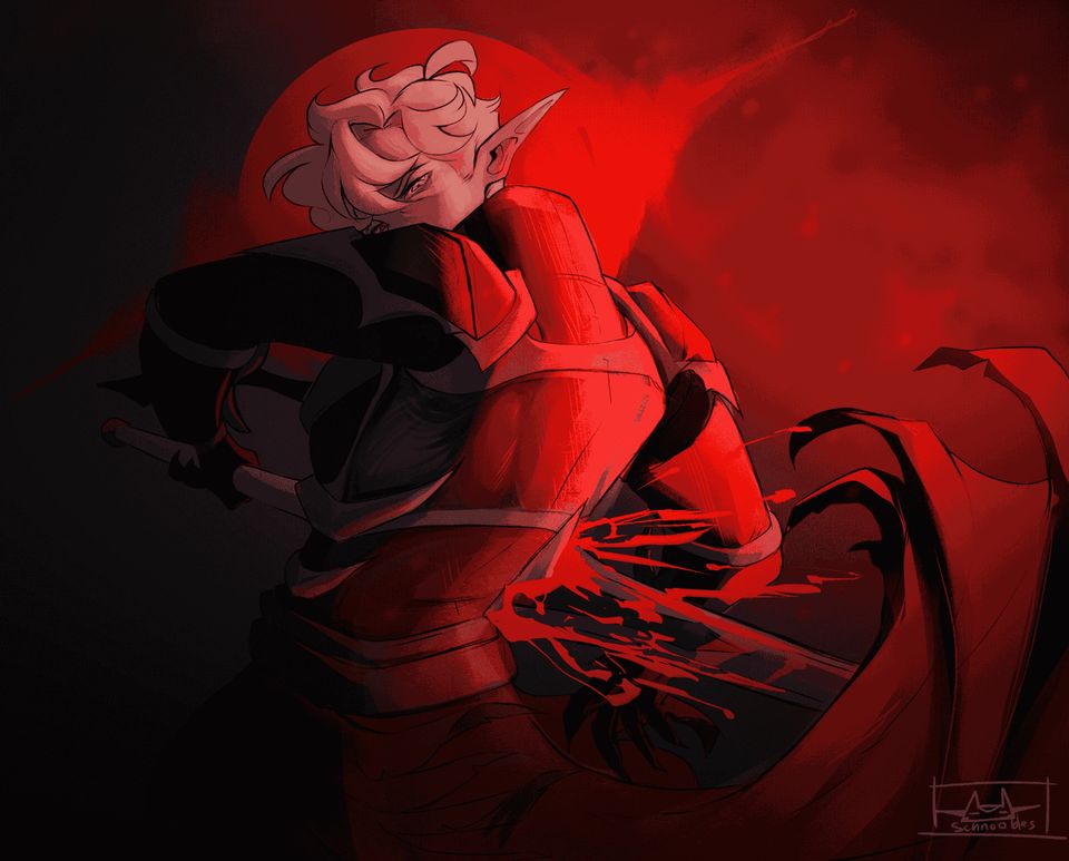 Illustration of white-haired elf driving a sword through its own stomach