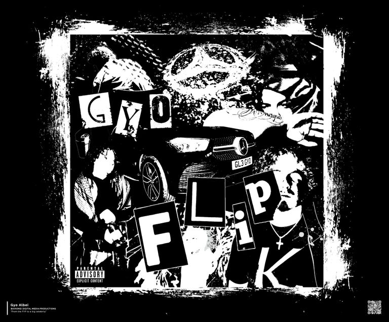Design in negative showing images of man and car in different poses and letter cut-outs spelling "Gyo Flip"