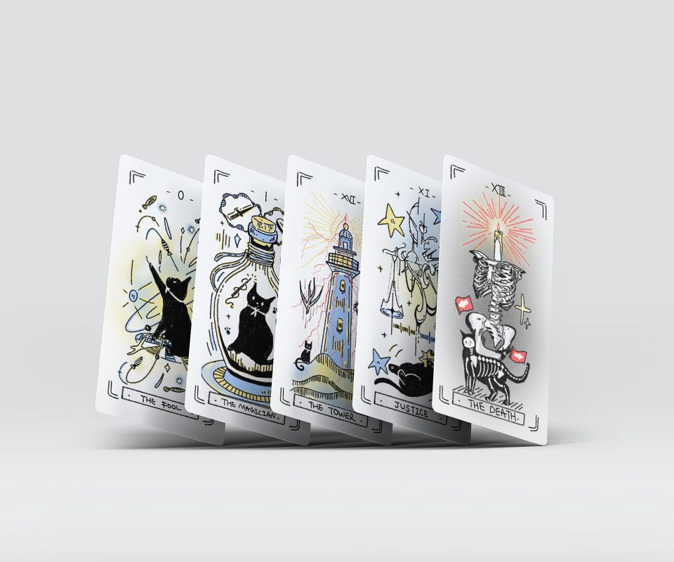 Five illustrated tarot cards