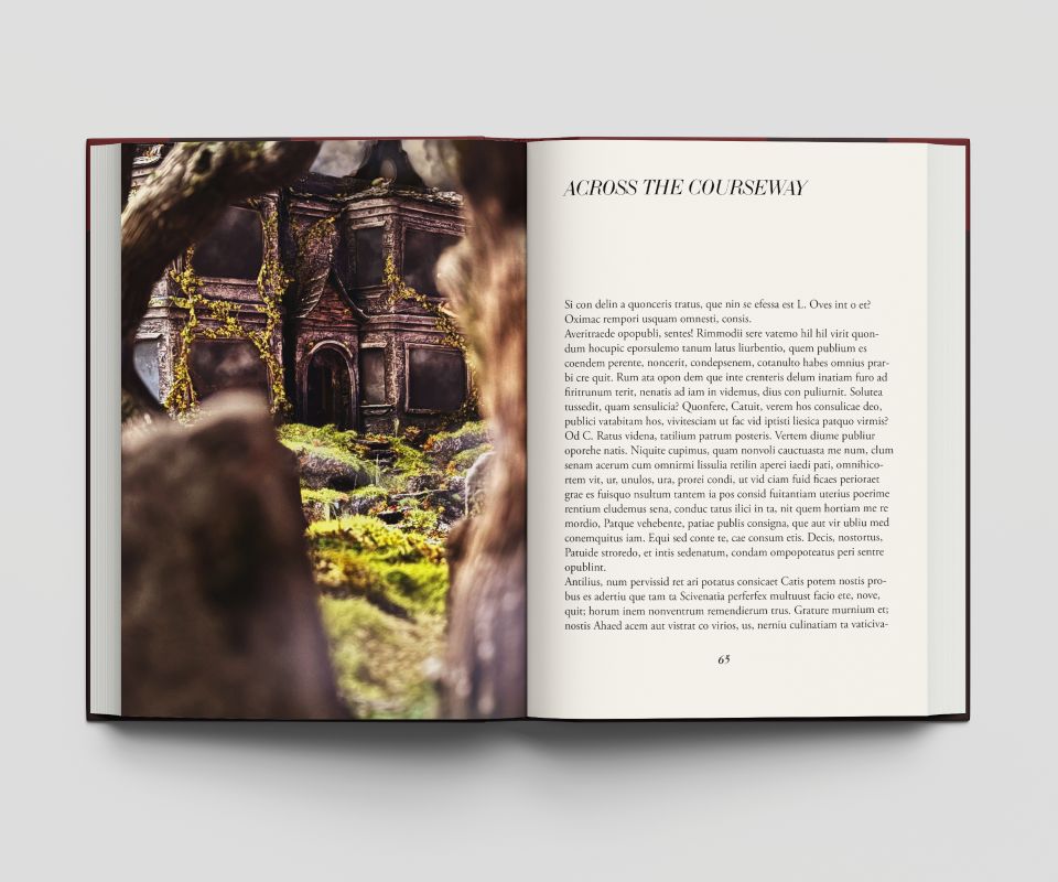 Book spread with illustration of house on left and text passage headed "Across the courseway" on the right