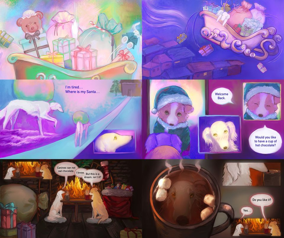 Colorful comic of dogs in Santa sleigh. They share hot chocolate and gifts by a fireplace, questioning if it's a dream.