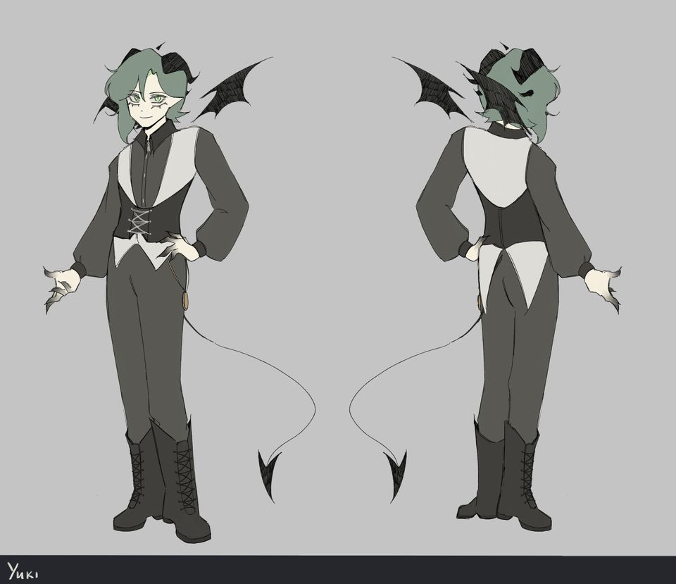 Two illustrations of girl with tail and green hair from front and back