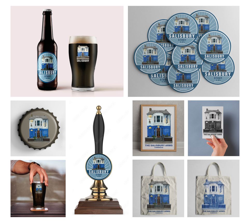 Phohots of SAlisbury Arms painting on pint mug, beer bottle and cap, coasters, beer tap and bags