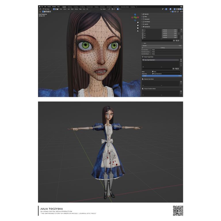 Two CGI renders of Lewis Carrol's Alice, just her face and her face and body