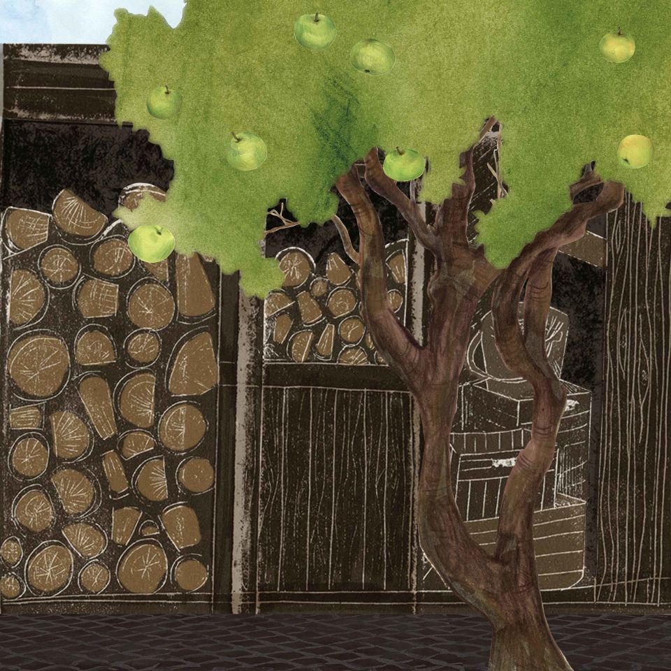 Illustration of apple tree in front of woodshed