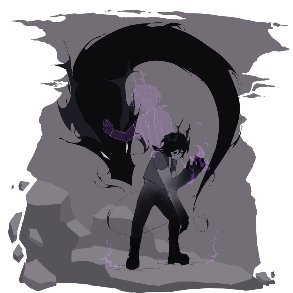 Illustration of a man with horns, a black dragon spirit swirling around him and a purple version of himself emerging from his body