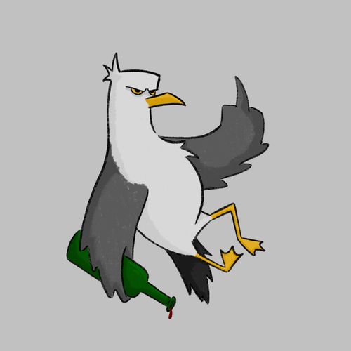 Illustration of a seagull holding a beer bottle and giving a finger up sign