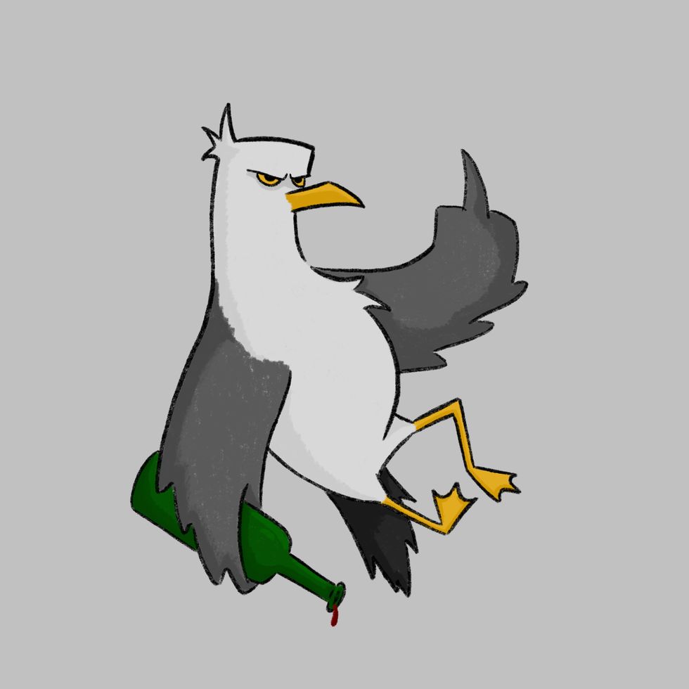 Illustration of a seagull holding a beer bottle and giving a finger up sign