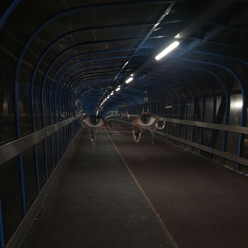 Photo of a covered footbridge with a pair of eyes inside
