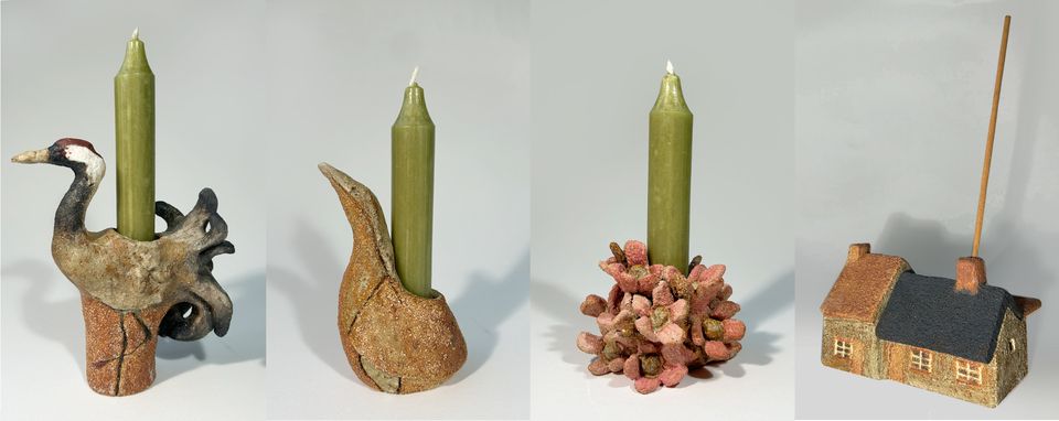 Photos of four ceramic candlestick holders in the shape of a duck, a bittern, some flowers and a house