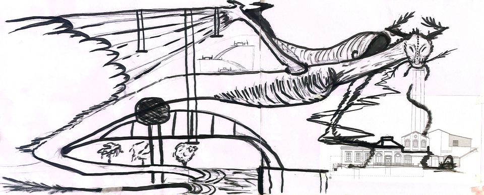 Sketch of dragon standing over river and buildings