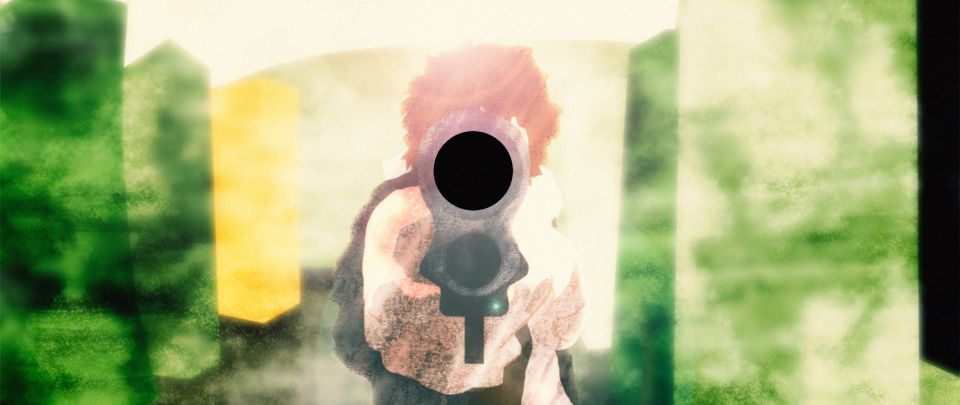 Animation still of person aiming gun, close up on the barrel