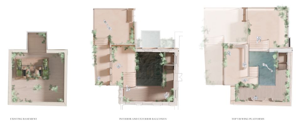 Three aerial cross-section views of museum room interior