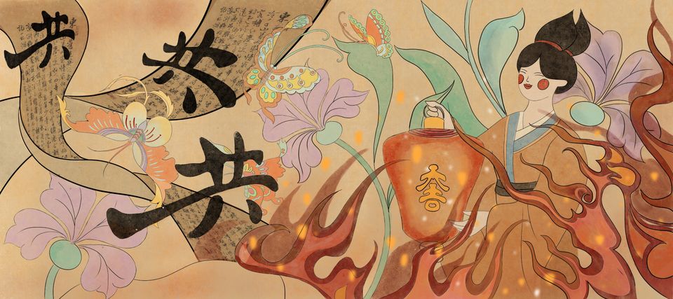 Illustration of woman in  orange chinese dress holding lantern while moths fly around long scroll