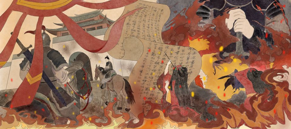 Illustration of chinese soldiers on horseback, an open scroll being written on by a woman and an armoured person holding sword in both hands