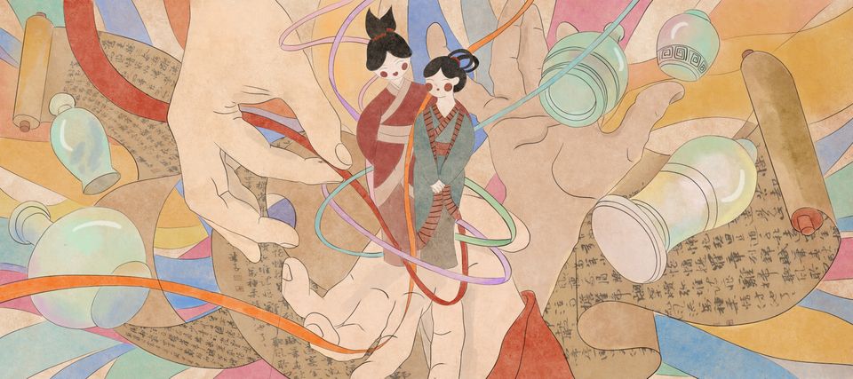 Illustration of man and woman in chinese dress standing on palm of hand while another hand wraps coloured ribbons around them