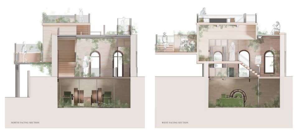 Two cross-section illustrations of people walking around museum interior