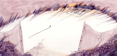 Illustration of small figure standing in large park