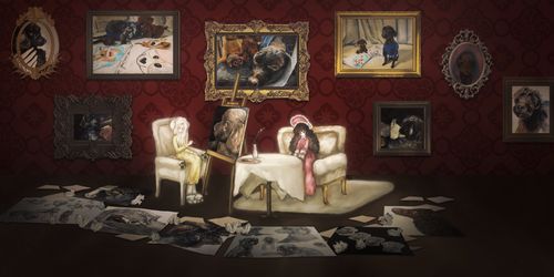 Victorian-style room with dog paintings on red walls. Two dolls sit by an easel with a dog portrait. Scattered sketches on the floor.
