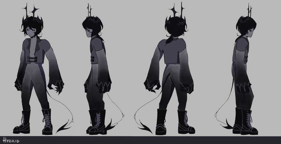 Four illustration of man with horns and tail in different positions
