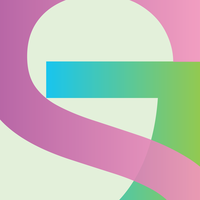 Abstract art with a bold pink and green "S" shape against a pale background, featuring a blue horizontal stripe.