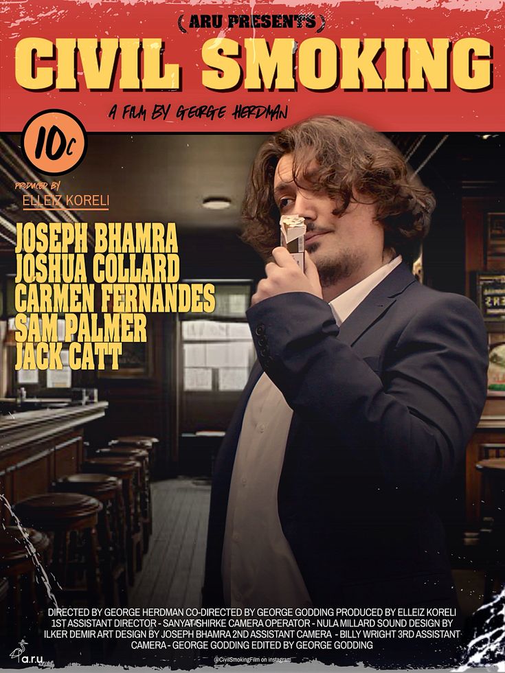 Film poster for "Civil Smoking" showing man in bar pulling cigarette from pack with mouth