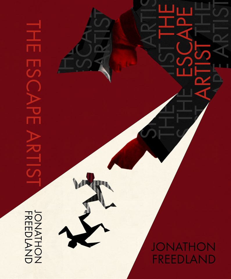 Cover of book The Escape Artist by Jonathon Freedland with cut-up of Nazi guard pointing into spotlight area with escaping prisoner on red background