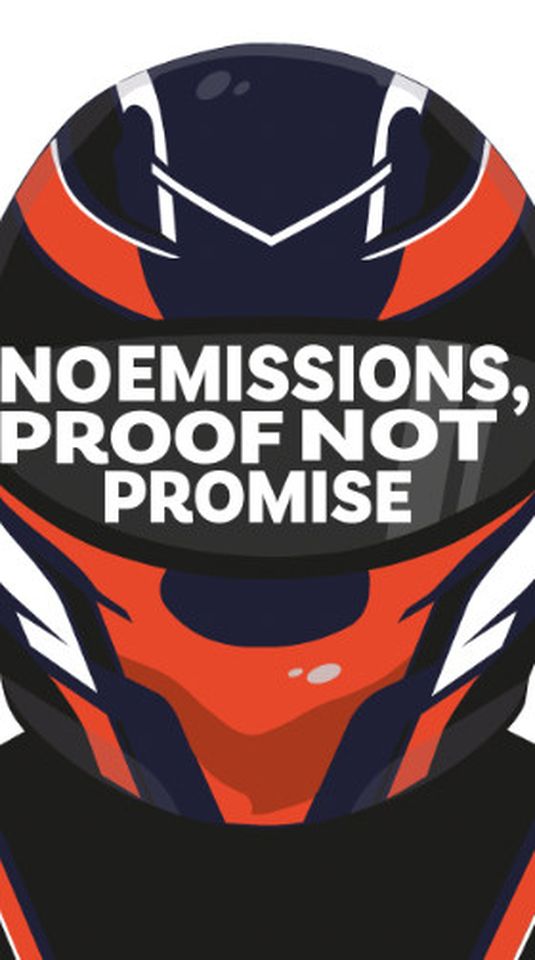 Illustration of red and blue racing helmet with legend "No Emissions, Proof not Promise" on visor