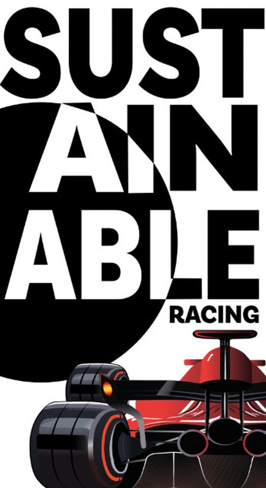 Illustration of red F1 car with title "Sustainable racing"