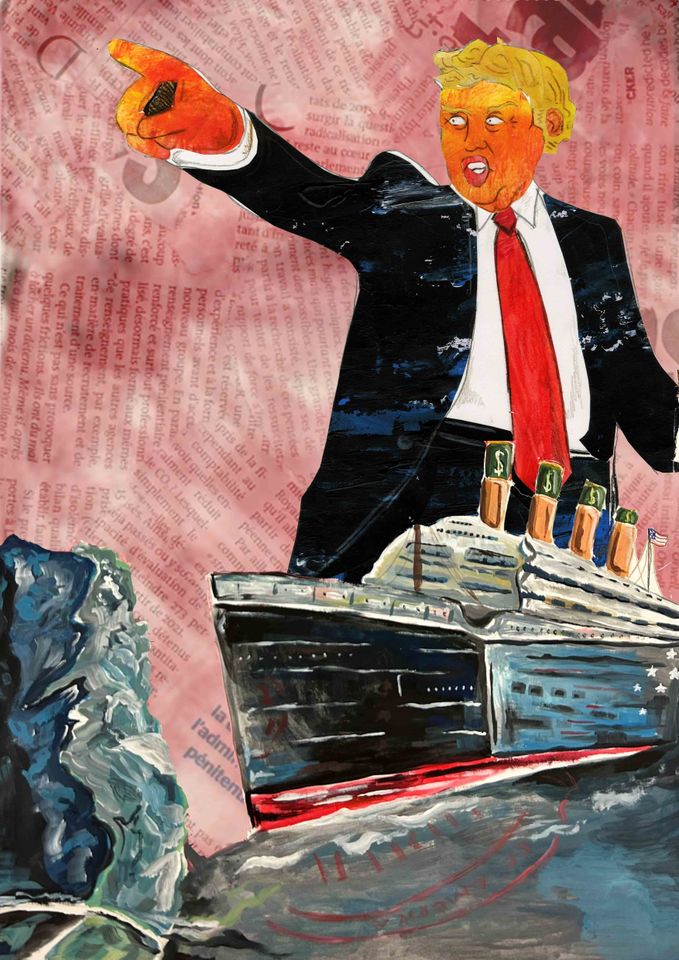 Illustration of Donald Trump pointing above cruise ship with dollar signs on its chimneys and US flag at the stern