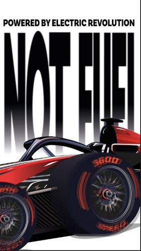 Illustration of red F1 car with title "Powered by electric revolution, not fuel" above