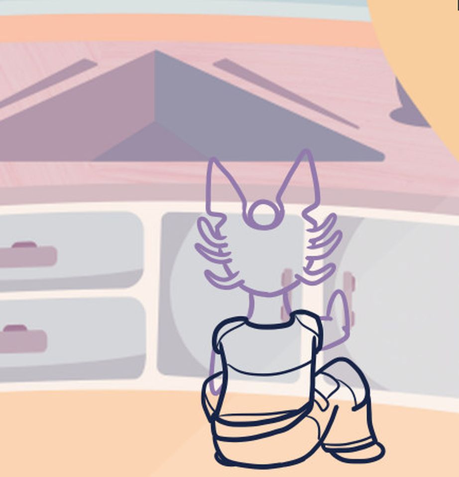 Animation still of outline of alien creature sitting in kitchen