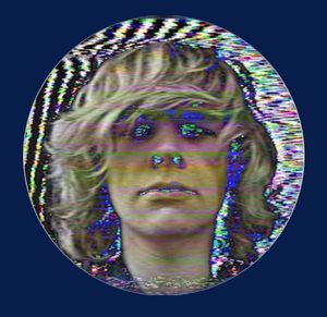 A digitally distorted portrait of a person with wavy hair against a static-filled background, enclosed in a circular frame on a dark blue backdrop.