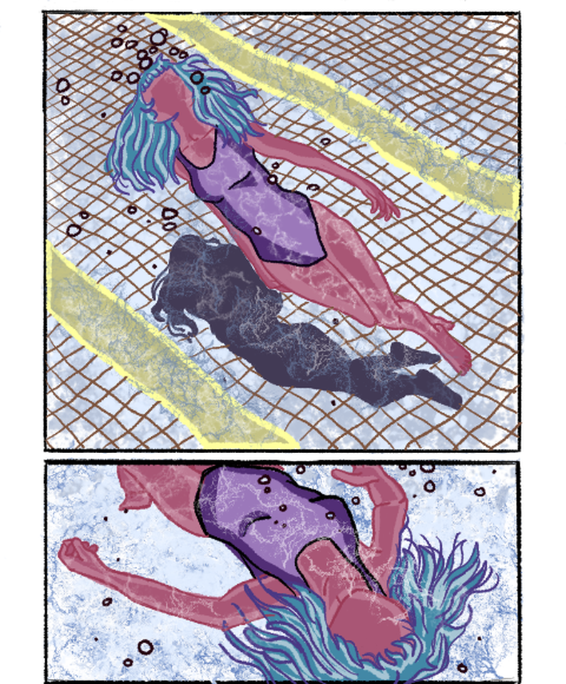 Two illustrations of blue-haired woman swimming