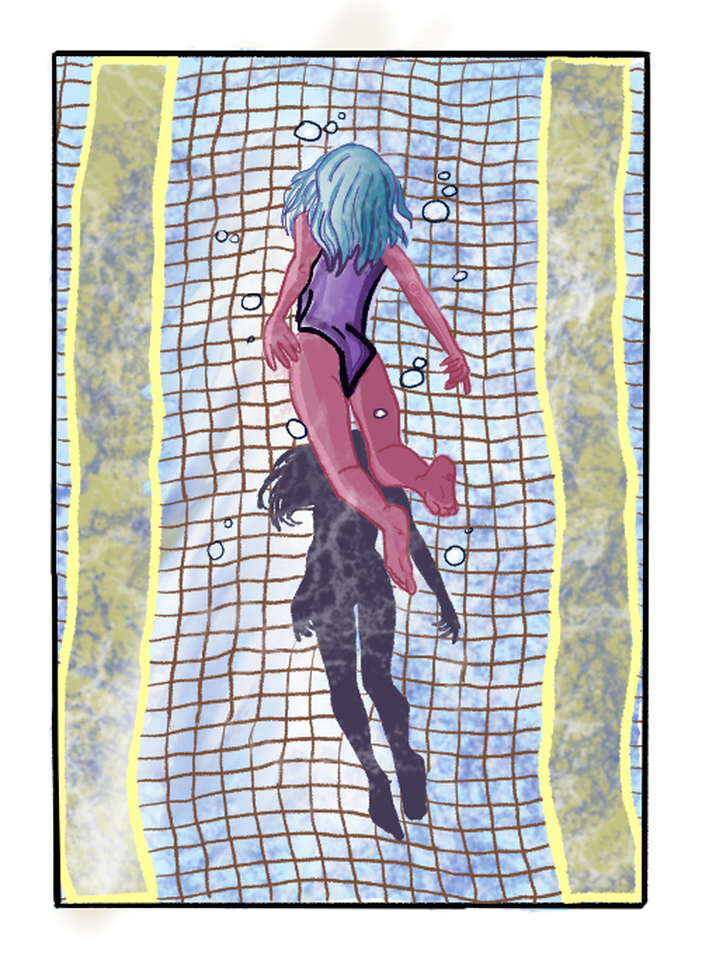 Aerial illustration of woman with blue hair swimming in pool