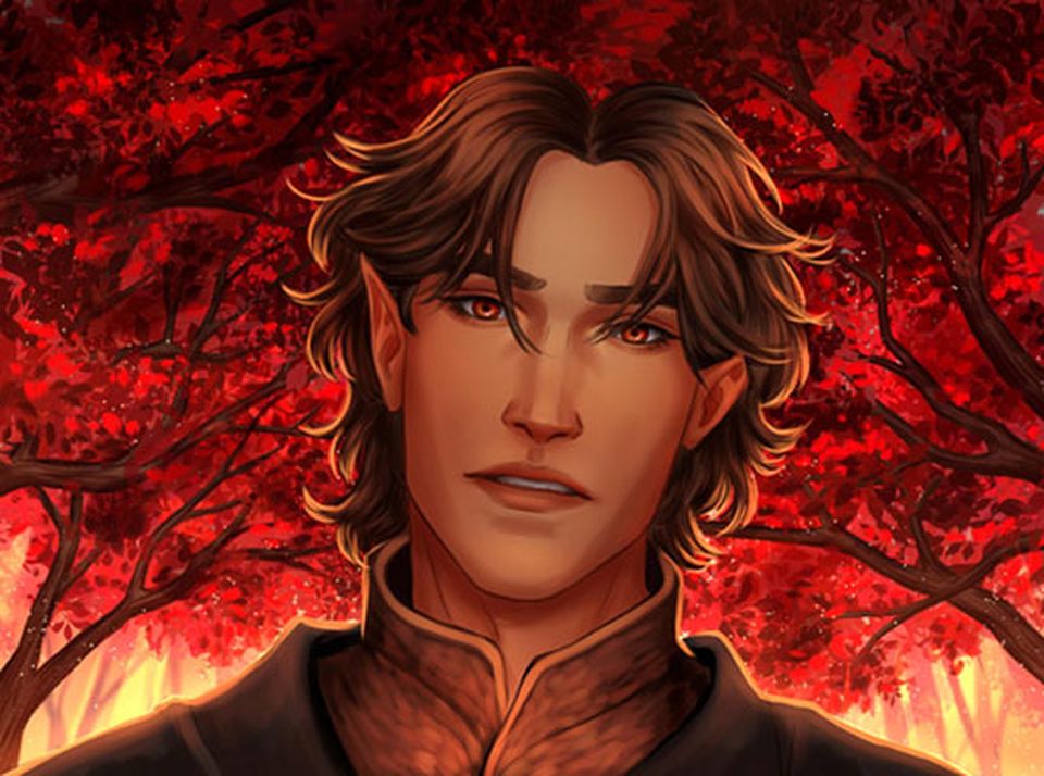 An illustration of a man's face with a red forest background