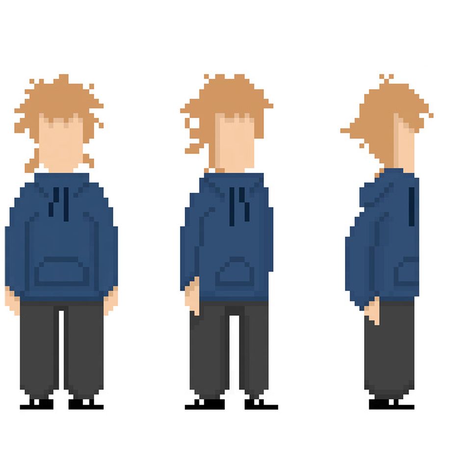 Three images of retro cgi avatar wearing blue hoodie with ginger hair