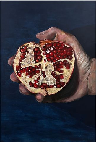 Painting of a sliced pomegranate in a hand