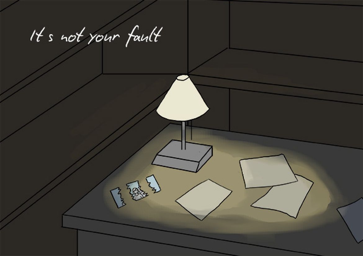 Animation still of desk with lap and ripped photo, title "It's not your fault"