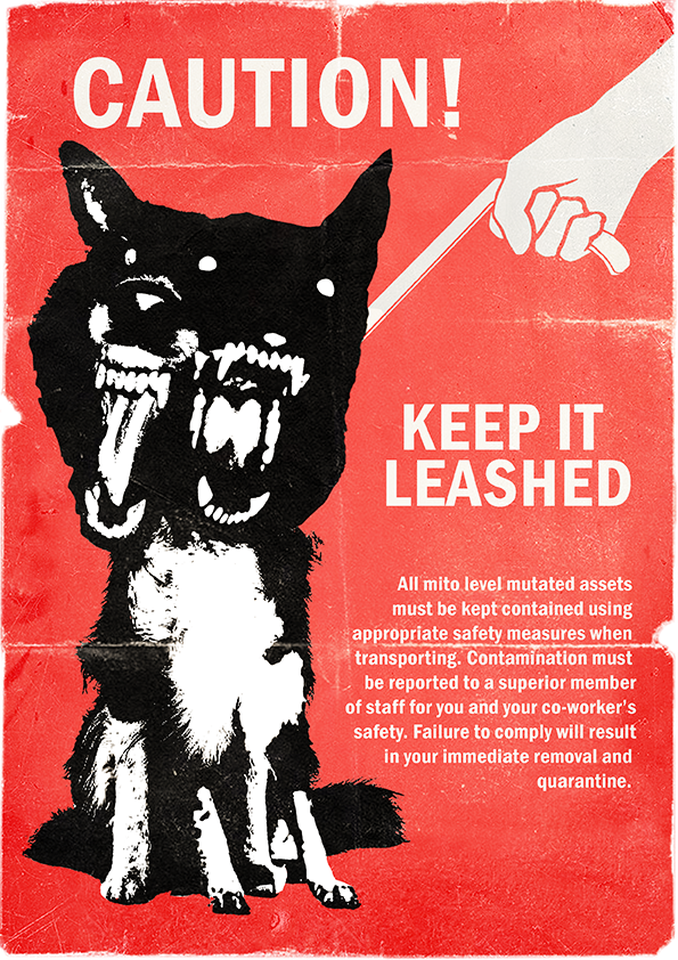 A poster with a two headed dog that says Caution! Keep it leashed