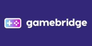 A game controller icon next to the word "gamebridge" in white text on a purple background.