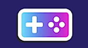 A gradient game controller icon with a blue plus on the left and pink circles on the right, set against a dark blue background.