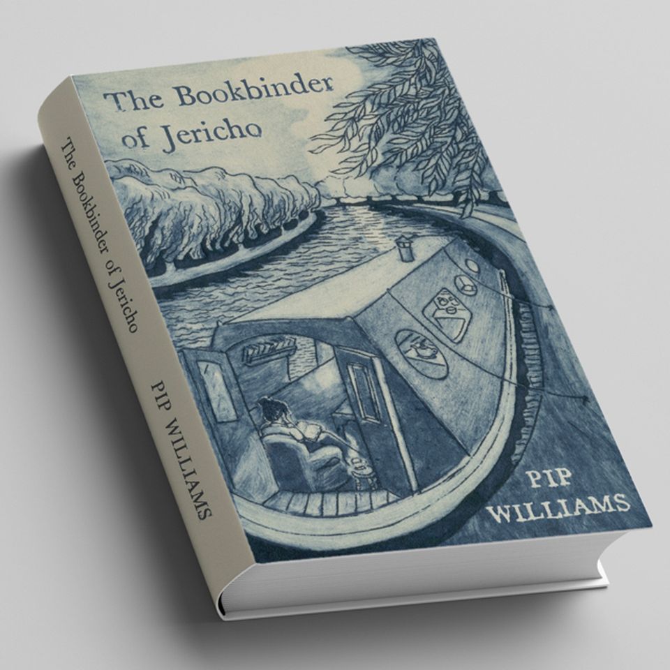 Front cover of book "The Bookbinder of Jericho" by Pip Williams, with illustration in blue monochrome of barge on river with person sitting  on armchair inside door
