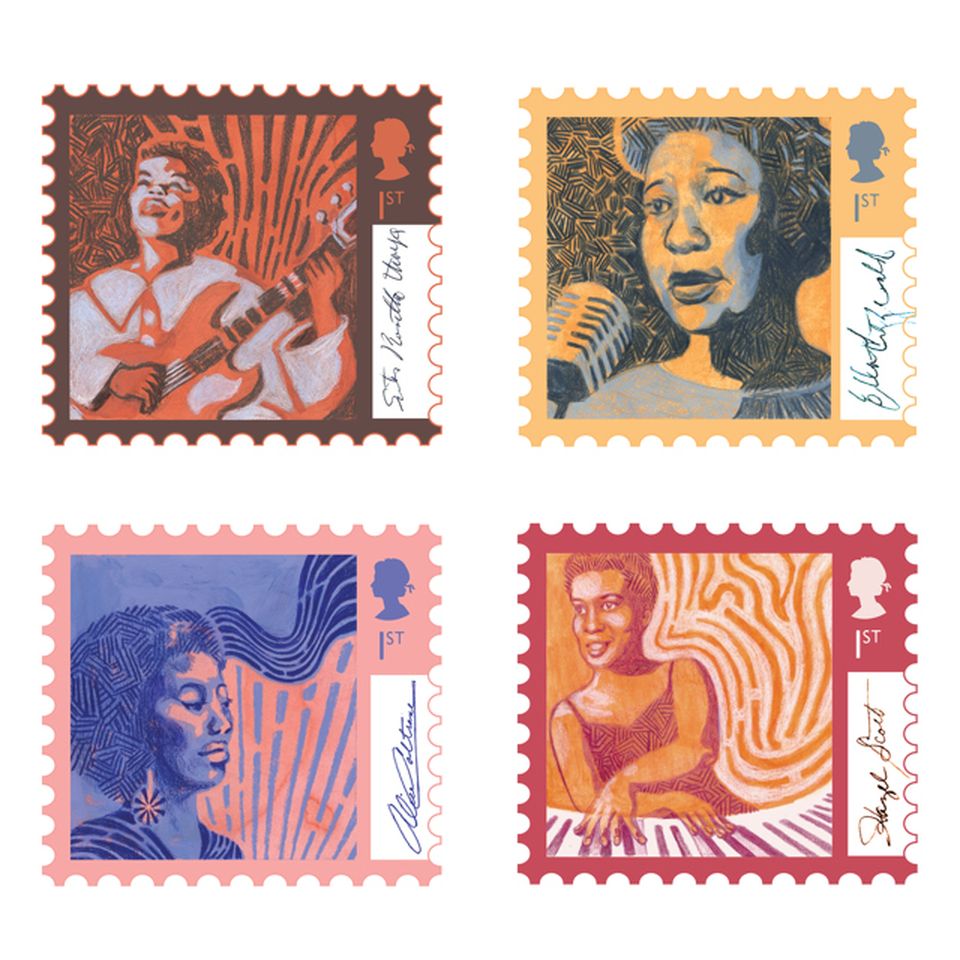 Illustration of four stamps featuring black musicians
